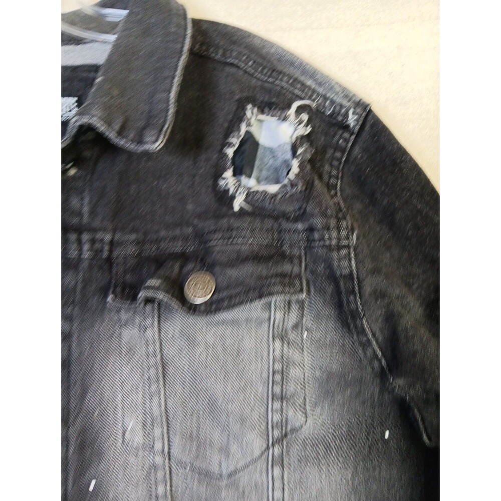 Brooklyn State Distressed Denim Trucker Jacket Black Medium Ripped Painted EUC - Picture 5 of 9